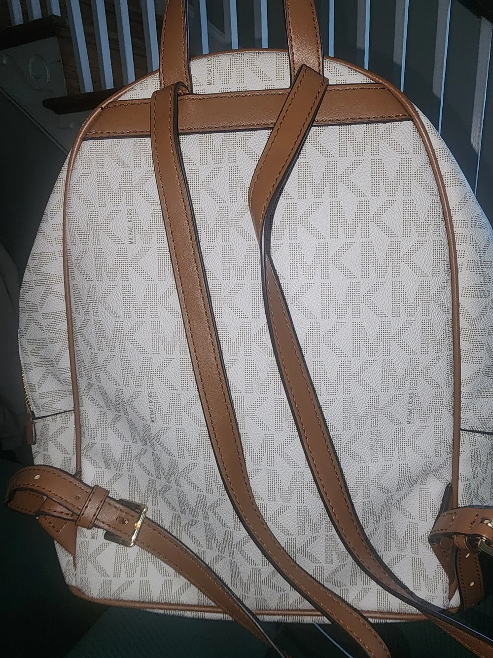 Michael Kors White and Tan MK Logo Backpack